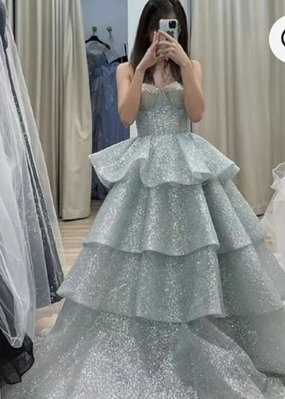 Shiny Ball Gown Sweetheart Sequin Tiered Long Prom Dress,Evening Dress GG5104