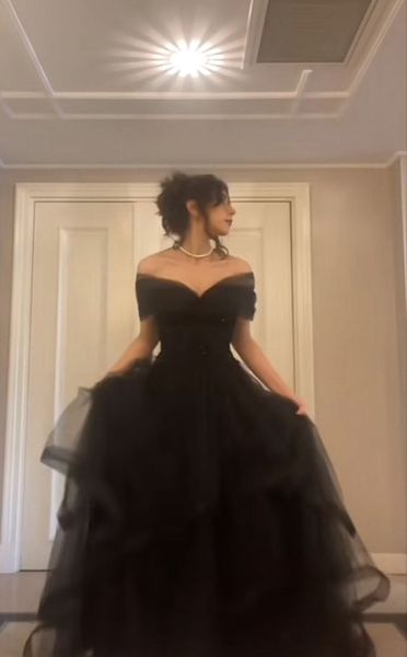 Princess Black Ball Gown Off The Shoulder Tulle Long Prom Dress,Evening Dress GG5106