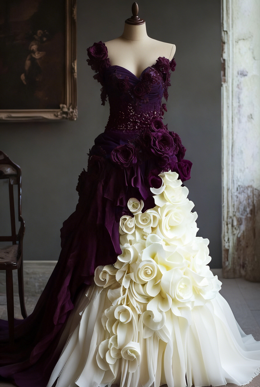 Vintage A Line One Shoulder Chiffon Flowers Long Prom Dress,Evening Dress GG5109