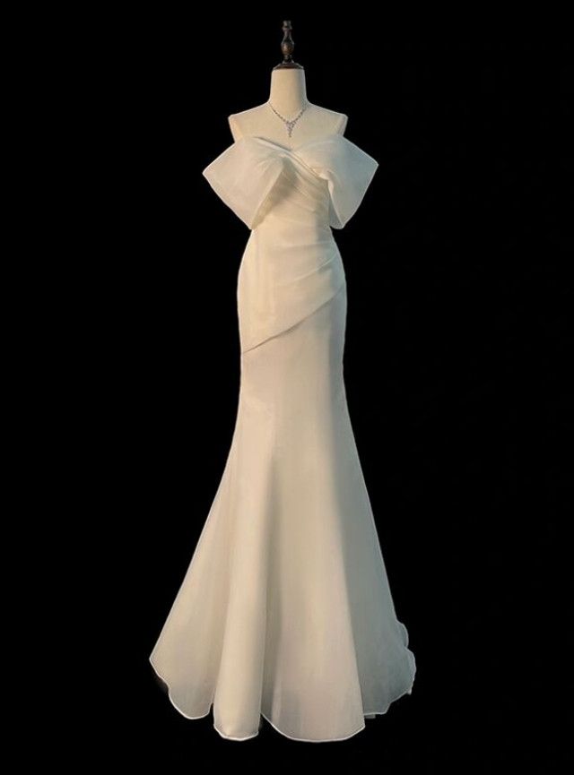 Simple Mermaid Off The Shoulder White Satin Long Prom Dress,Evening Dress GG511