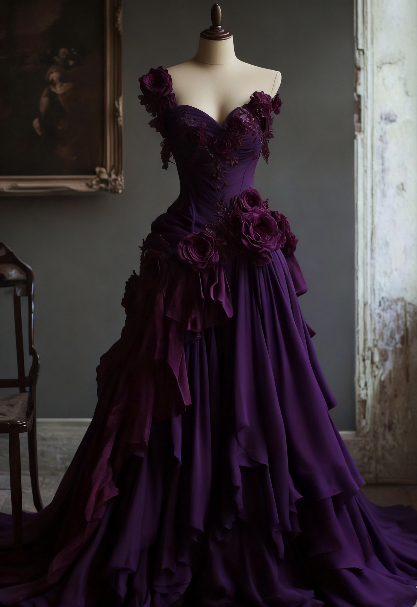 Retro A Line One Shoulder Satin Chiffon Flowers Long Prom Dress,Evening Dress GG5110