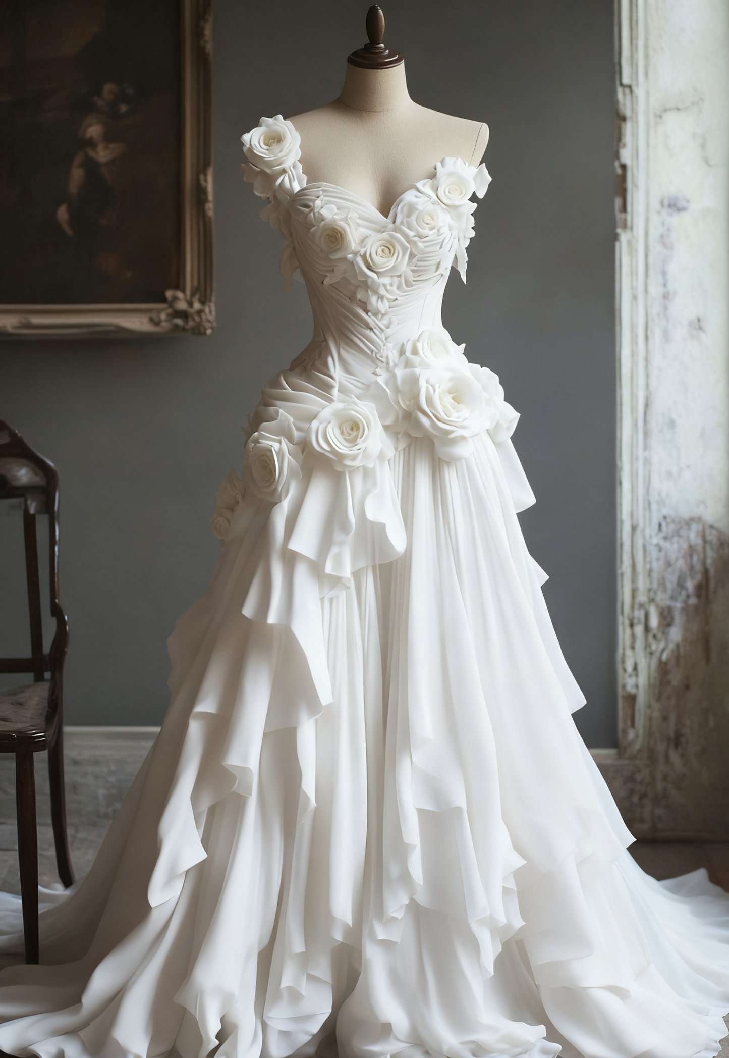 Retro A Line One Shoulder Satin Chiffon Flowers Long Prom Dress,Evening Dress GG5110