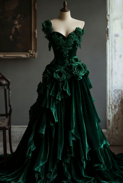 Chic A Line One Shoulder Dark Green Velvet Flowers Long Prom Dress,Evening Dress GG5111