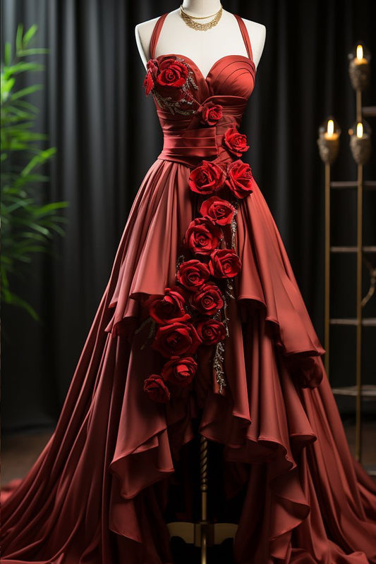 Burgundy Vintage A Line Halter Satin Flowers Long Prom Dress,Evening Dress GG5112