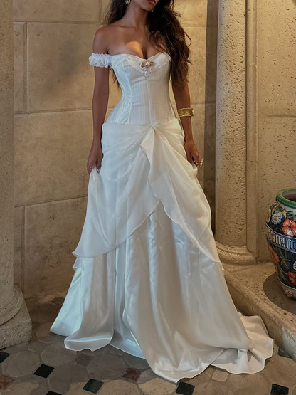 Pretty Elegant A Line Off The Shoulder Chiffon Satin Long Prom Dress,Evening Dress GG5115