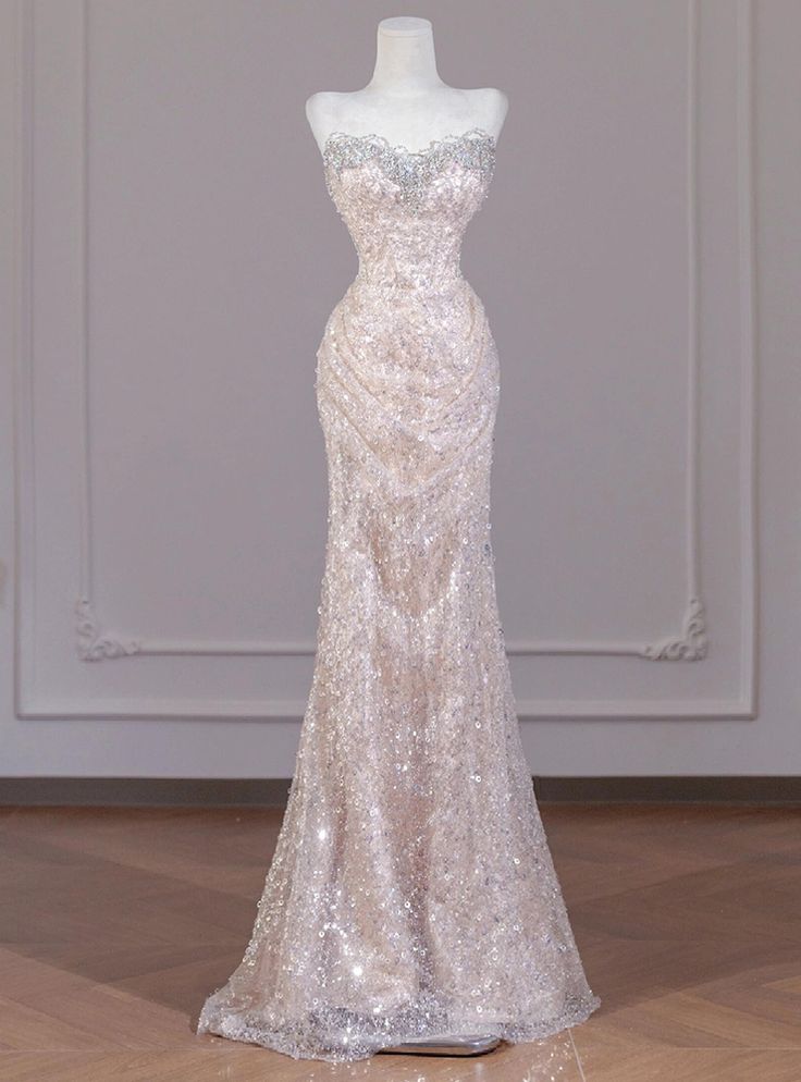 Shiny Mermaid Strapless Tulle Sequin Beaded Long Prom Dress,Evening Dress GG5119