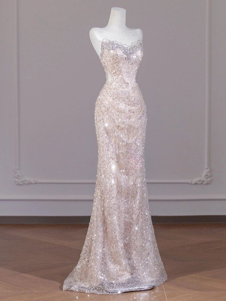 Shiny Mermaid Strapless Tulle Sequin Beaded Long Prom Dress,Evening Dress GG5119