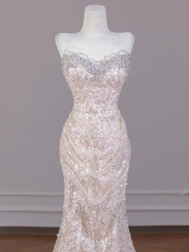 Shiny Mermaid Strapless Tulle Sequin Beaded Long Prom Dress,Evening Dress GG5119