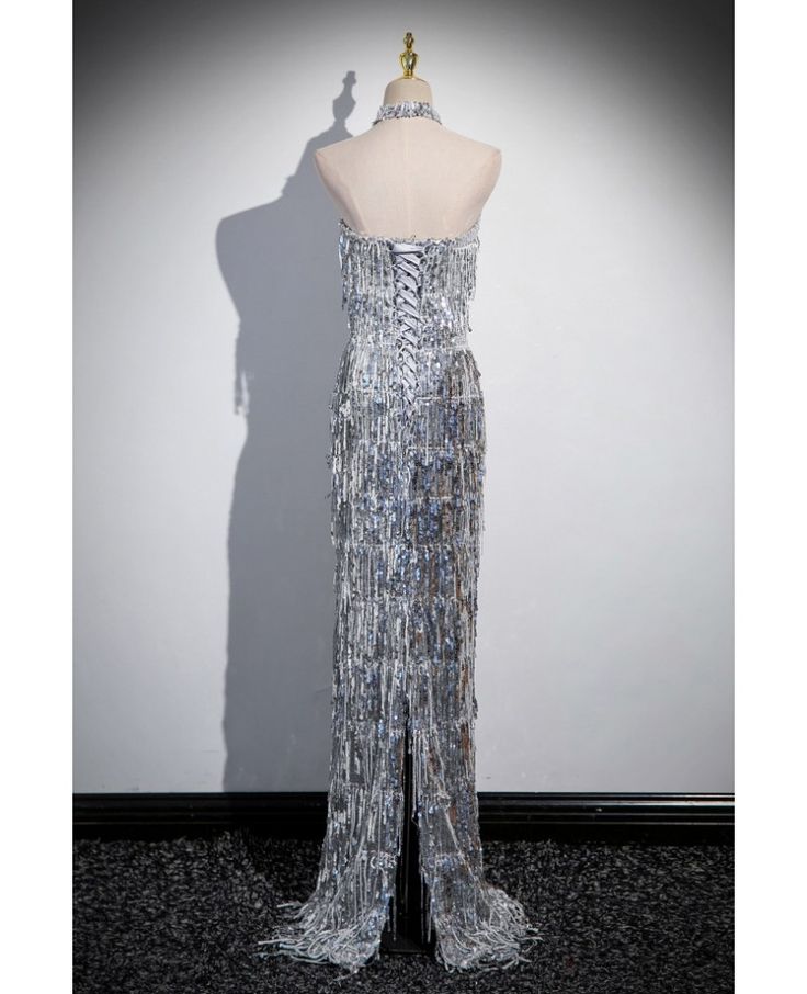 Glitter Mermaid Strapless Tassel Sequin Slender Silver Silt Long Prom Dress ,Evening Dress GG512