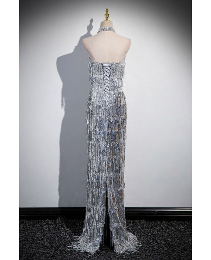 Glitter Mermaid Strapless Tassel Sequin Slender Silver Silt Long Prom Dress ,Evening Dress GG512