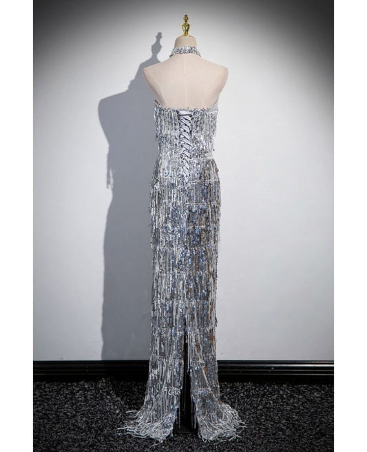 Glitter Mermaid Strapless Tassel Sequin Slender Silver Silt Long Prom Dress ,Evening Dress GG512