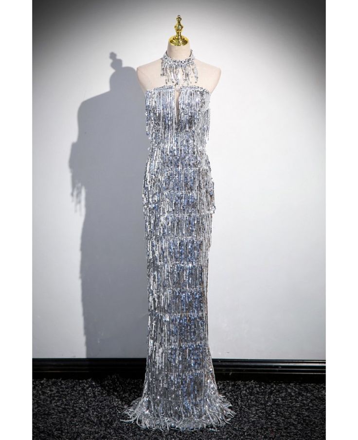 Glitter Mermaid Strapless Tassel Sequin Slender Silver Silt Long Prom Dress ,Evening Dress GG512