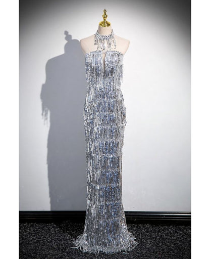 Glitter Mermaid Strapless Tassel Sequin Slender Silver Silt Long Prom Dress ,Evening Dress GG512