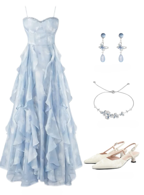 Fairy A Line Spaghetti Straps Ruffle Chiffon Long Prom Dress,Evening Dress GG5122