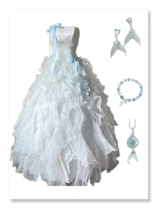 Sweet Ball Gown Strapless Satin Tulle Ruffle Long Prom Dress,Evening Dress GG5124