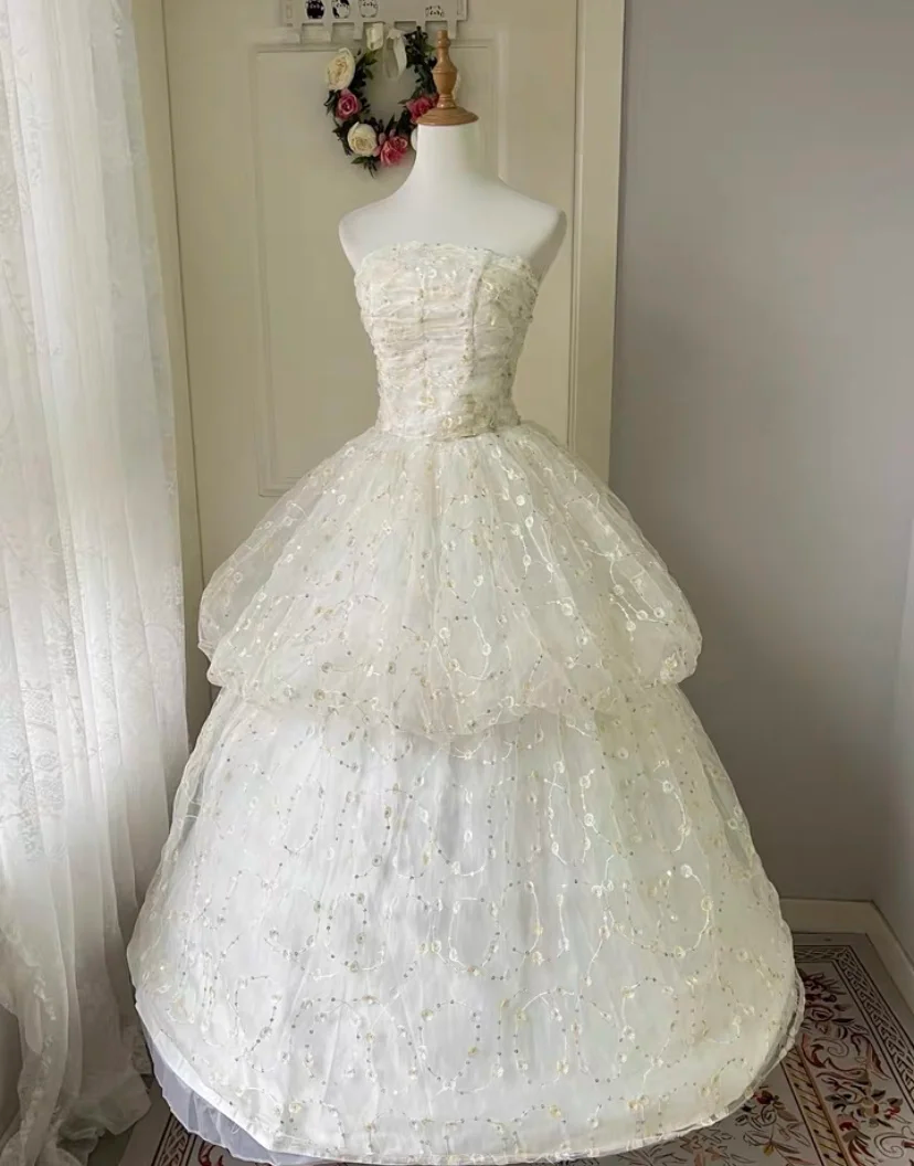 Pretty Ball Gown Strapless Tulle Lace Long Prom Dress,Evening Dress GG5125