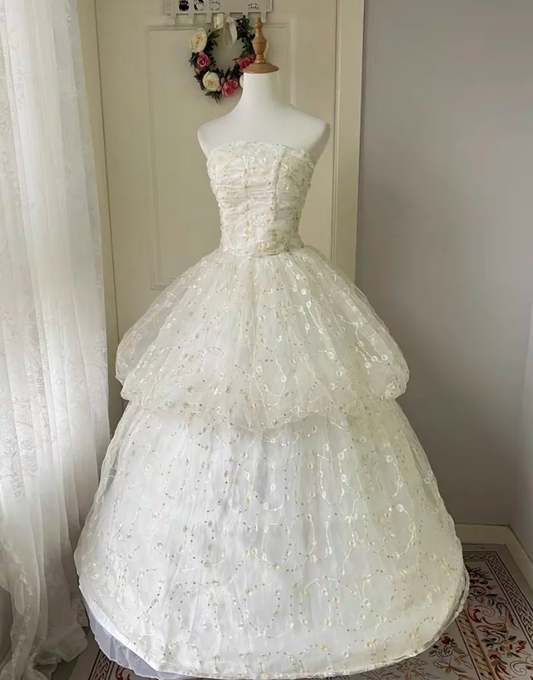 Pretty Ball Gown Strapless Tulle Lace Long Prom Dress,Evening Dress GG5125