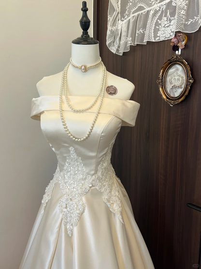 Modest A Line Off The Shoulder Satin Lace Long Prom Dress,Evening Dress GG5126