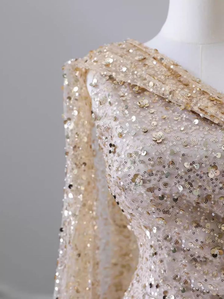 Sexy Mermaid One Shoulder Champagne Sequin Slit Long Prom Dress ,Evening Dress GG513