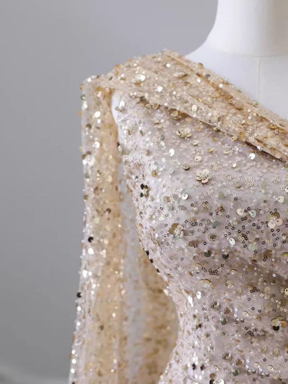 Sexy Mermaid One Shoulder Champagne Sequin Slit Long Prom Dress ,Evening Dress GG513