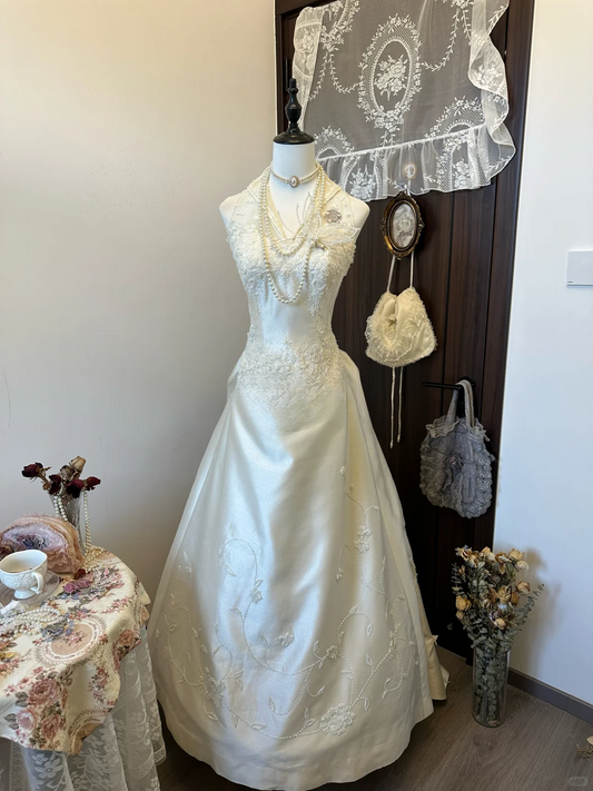 Romantic Gorgeous A Line Halter Satin Lace Beaded Long Prom Dress,Evening Dress GG5130