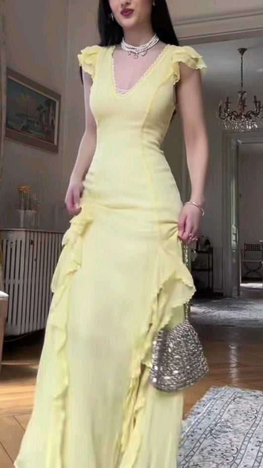 Charming Pastel Yellow Mermaid V Neck Satin Ruffle Long Prom Dress,Evening Dress GG5134