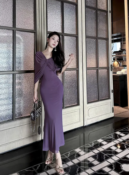 Purple Charming Mermaid Off The Shoulder Satin Chiffon Long Prom Dress,Evening Dress GG5137