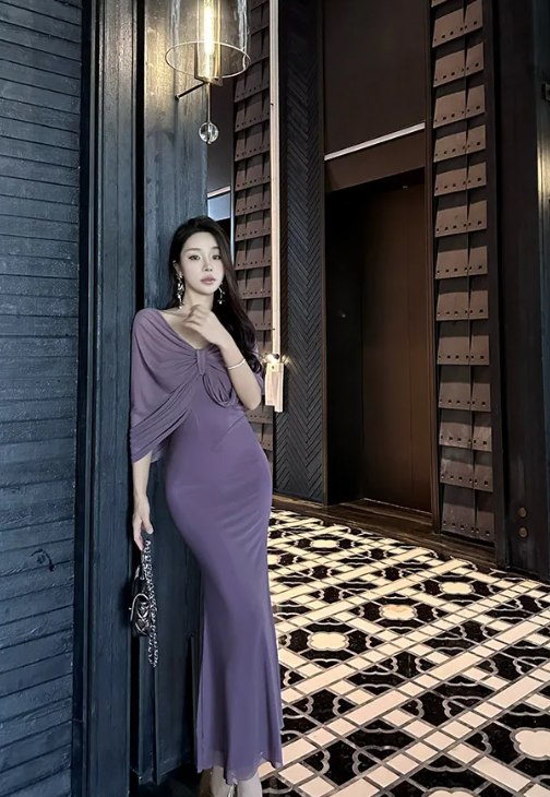 Purple Charming Mermaid Off The Shoulder Satin Chiffon Long Prom Dress,Evening Dress GG5137