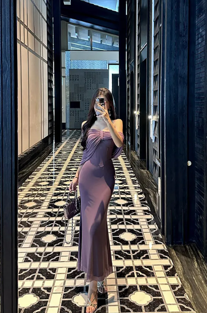 Purple Charming Mermaid Off The Shoulder Satin Chiffon Long Prom Dress,Evening Dress GG5137