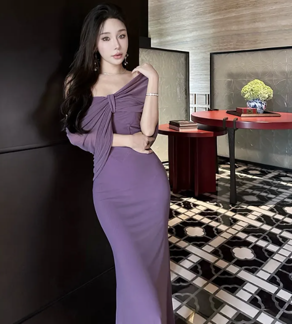 Purple Charming Mermaid Off The Shoulder Satin Chiffon Long Prom Dress,Evening Dress GG5137