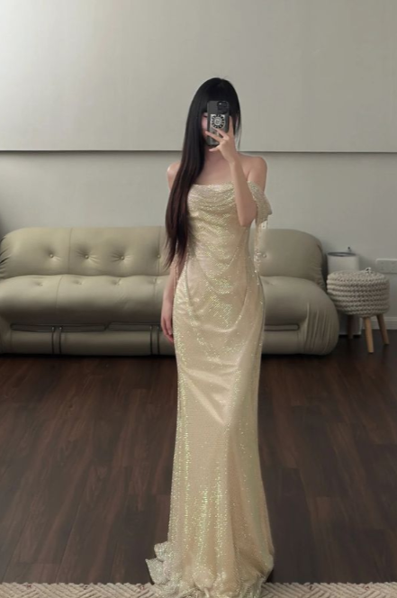 Sparkly Mermaid Off The Shoulder Tulle Sequin Long Prom Dress,Evening Dress GG5140