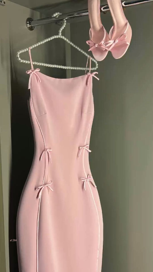 Elegant Mermaid Pink Spaghetti Straps Satin With Bow Long Prom Dress,Evening Dress GG5142