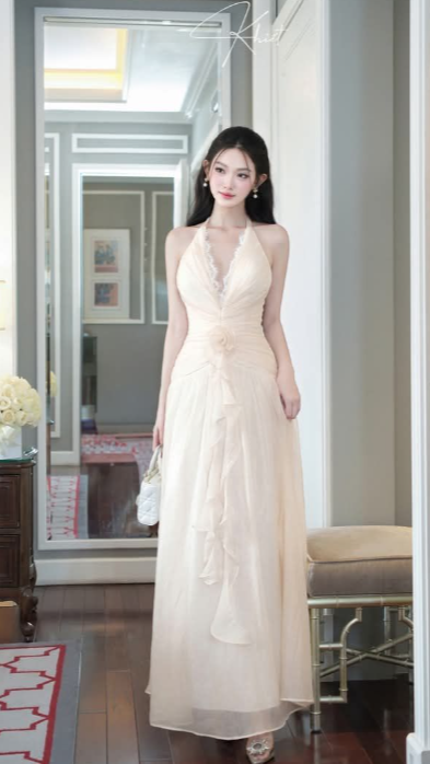 Pretty Classy A Line Halter Chiffon Ruffle Long Prom Dress,Evening Dress GG5148