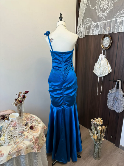 Chic Mermaid One Shoulder Royal Blue Satin Long Prom Dress,Evening Dress GG5149