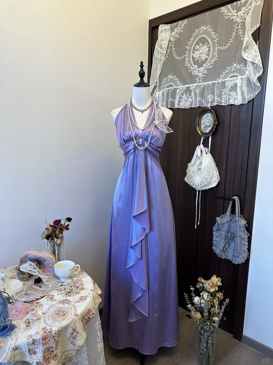 Elegant A Line Halter Lilac Satin Long Prom Dress,Evening Dress GG5150