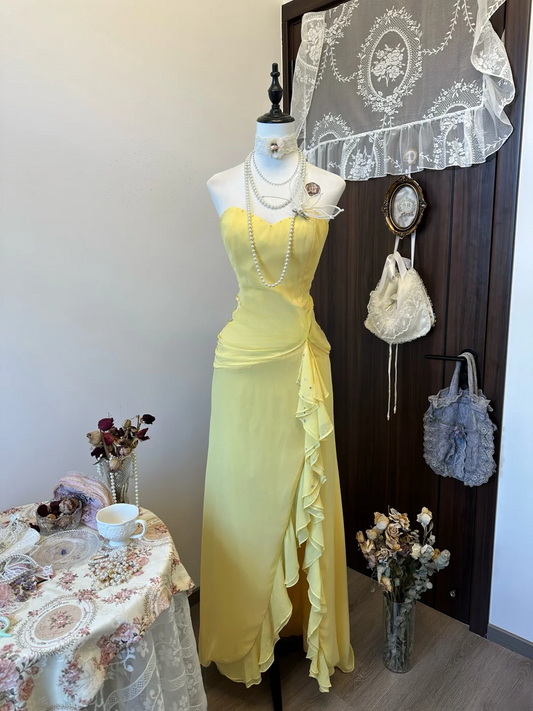 Charming Mermaid Yellow Sweetheart Satin Ruffle Slit Long Prom Dress,Evening Dress GG5151