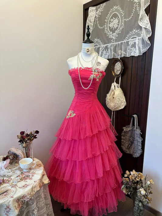Hot Pink Ball Gown Strapless Tiered Tulle Long Prom Dress,Evening Dress GG5153
