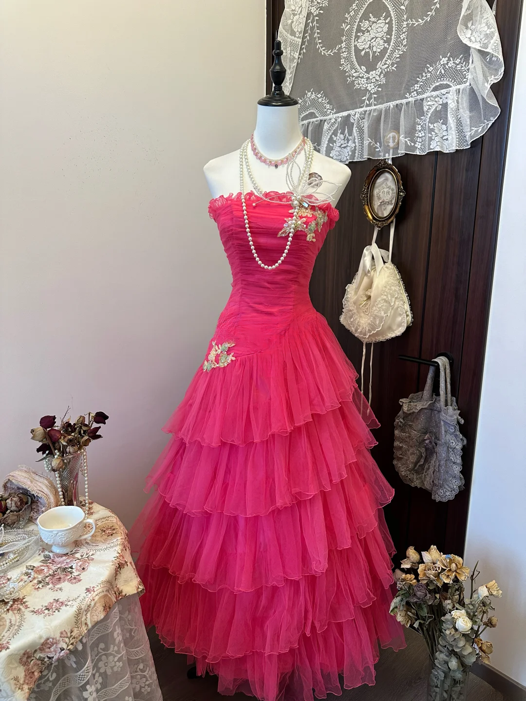 Hot Pink Ball Gown Strapless Tiered Tulle Long Prom Dress,Evening Dress GG5153