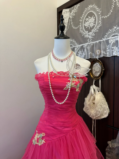 Hot Pink Ball Gown Strapless Tiered Tulle Long Prom Dress,Evening Dress GG5153