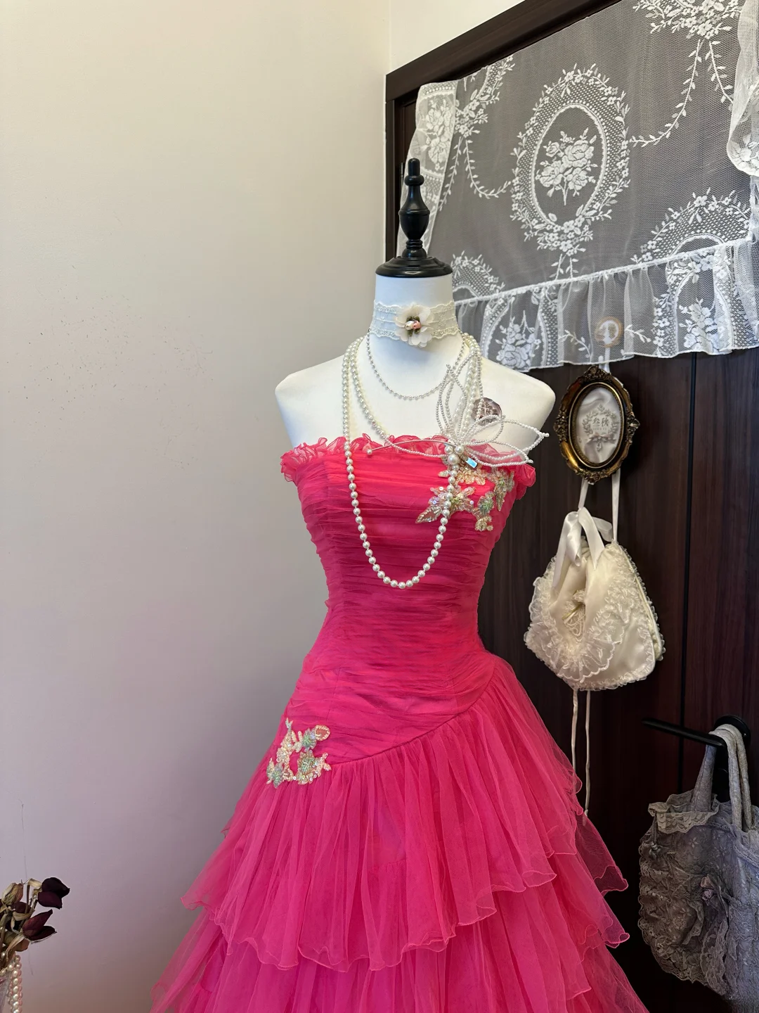 Hot Pink Ball Gown Strapless Tiered Tulle Long Prom Dress,Evening Dress GG5153