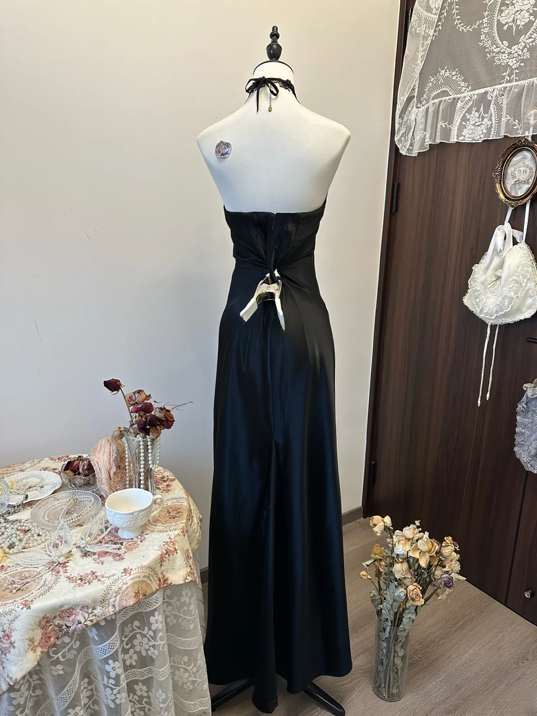 Simple Classy A Line Halter Black Satin Long Prom Dress,Evening Dress GG5155