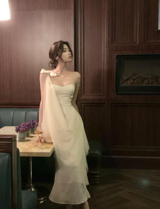 Chic Mermaid One Shoulder Satin Chiffon Long Prom Dress,Evening Dress GG5158