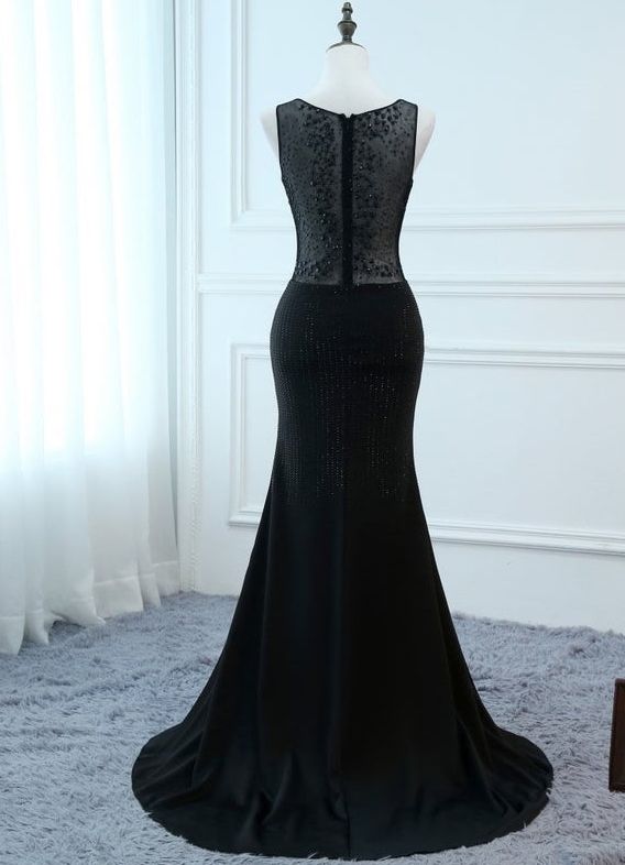 Chic Mermaid Black V Neck Satin Beading Silt Long Prom Dress ,Evening Dress GG516