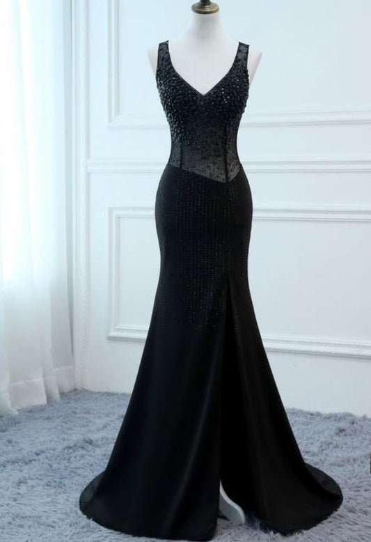 Chic Mermaid Black V Neck Satin Beading Silt Long Prom Dress ,Evening Dress GG516