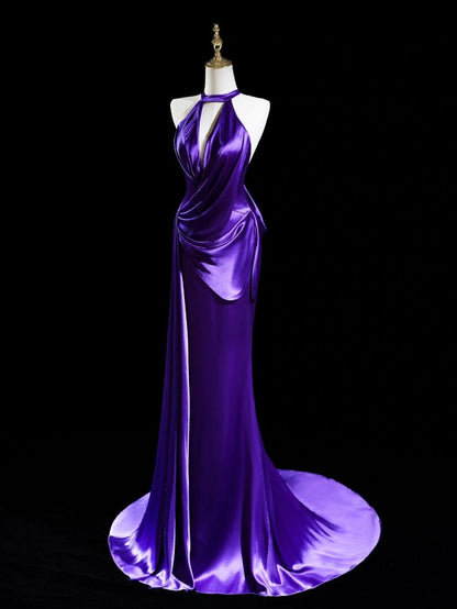 Purple Mermaid Halter Satin Long Prom Dress,Evening Dress GG5160
