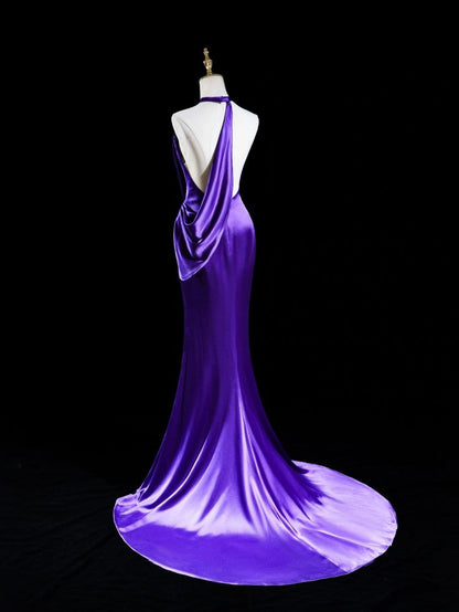 Purple Mermaid Halter Satin Long Prom Dress,Evening Dress GG5160