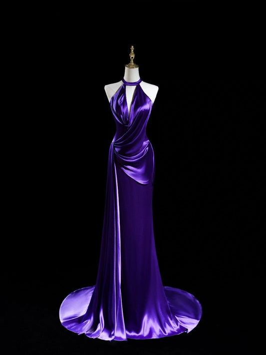 Purple Mermaid Halter Satin Long Prom Dress,Evening Dress GG5160