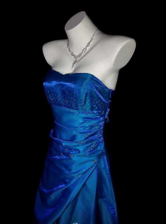 Vintage Royal Blue A Line Strapless Satin Beaded Long Prom Dress,Evening Dress GG5162