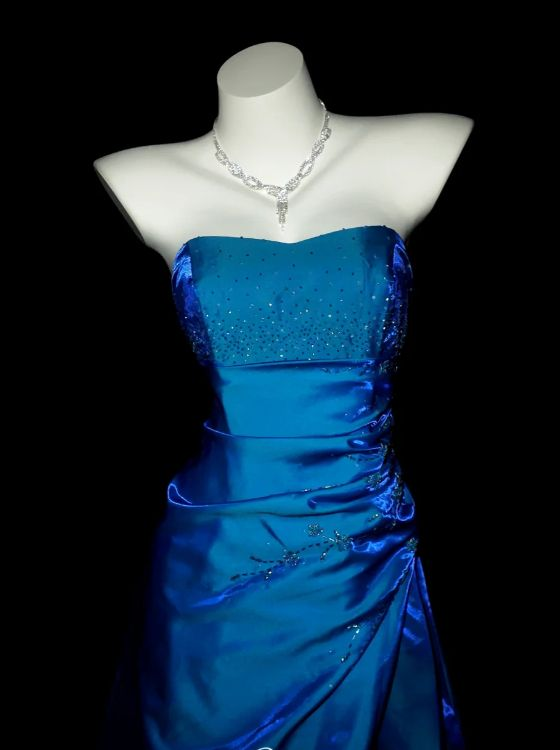 Vintage Royal Blue A Line Strapless Satin Beaded Long Prom Dress,Evening Dress GG5162