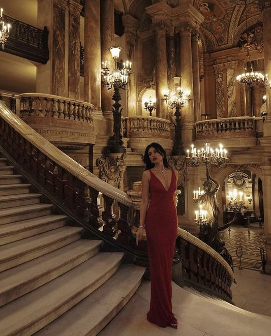 Sexy Spaghetti Straps V Neck Mermaid Burgundy Satin Long Prom Dress,Evening Dress GG5163